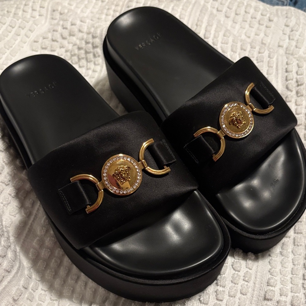 Versace Women's Black Sandals with Gold Medusa Detail